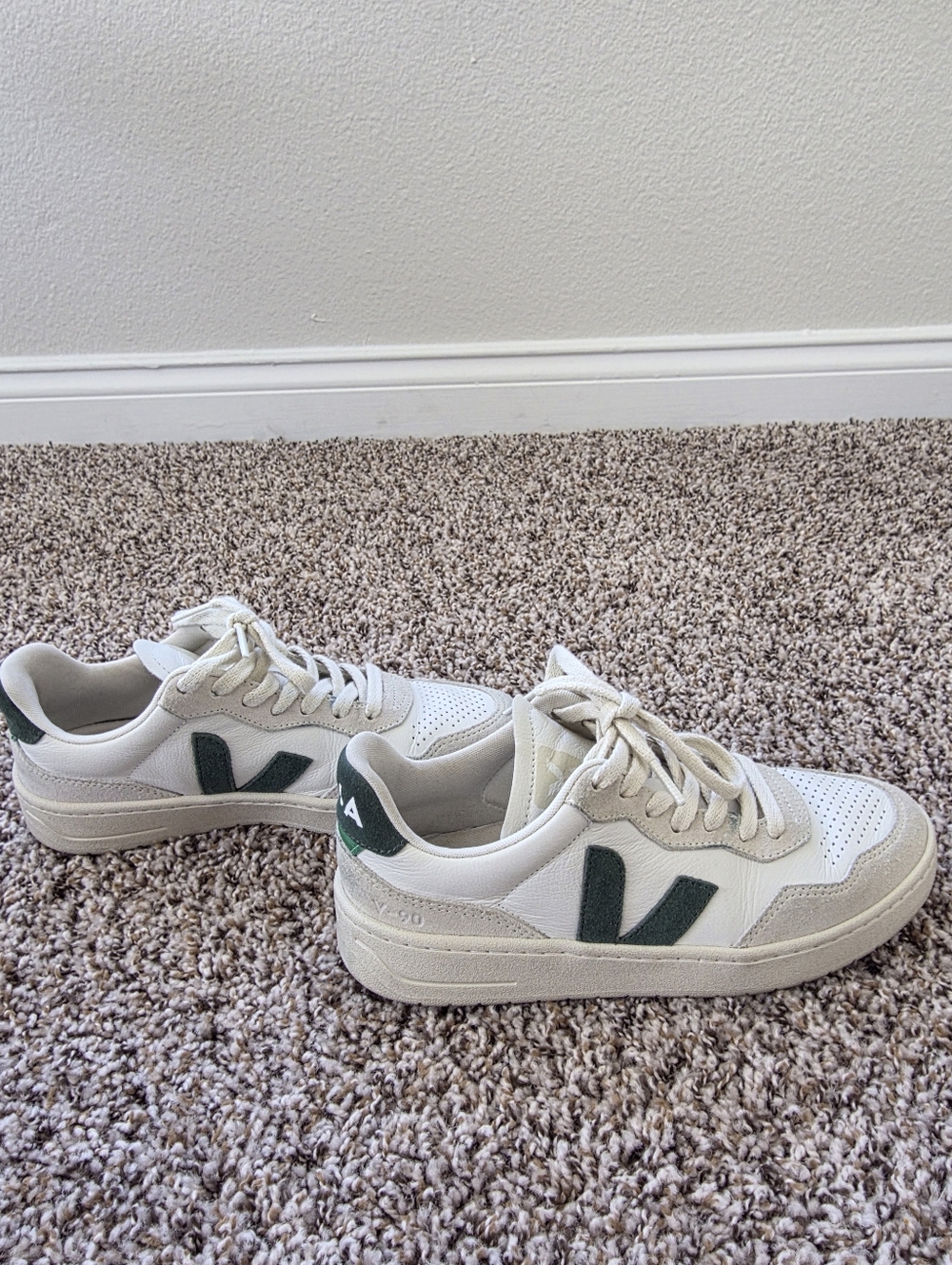 Veja V-90 White Sneakers with Green V Logo
